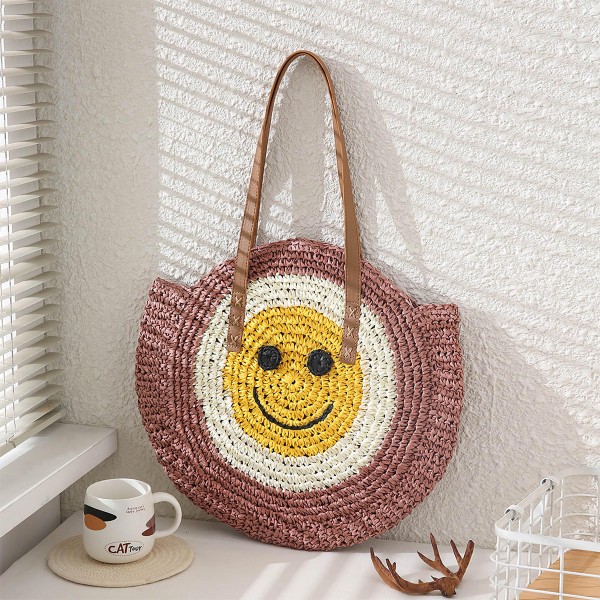 Wholesale circular Woven Straw Smile Tote Bag Zipper Closure Lined Body One Inte