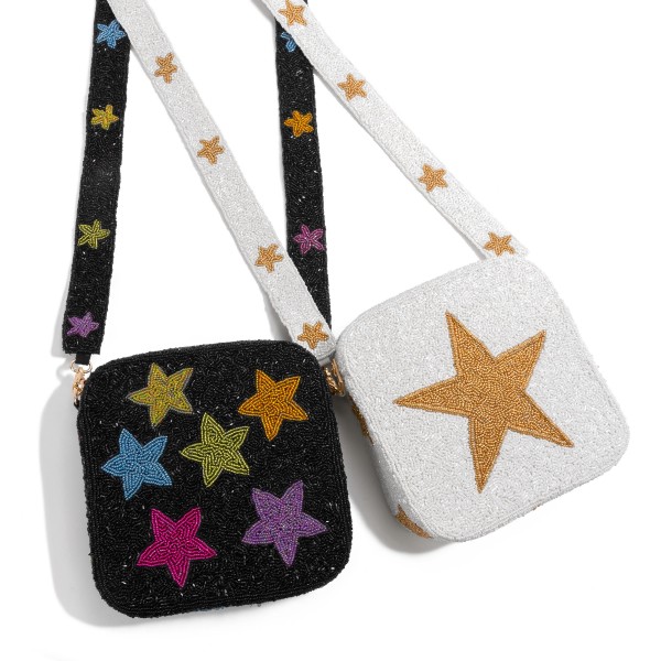 Star Cluster Seed Beaded Bag With Matching Detachable Star Seed Bead Strap - Zipper Closure - Approximately 7.5" W x 7" T x 2" D - Approximately 22" Drop view 5
