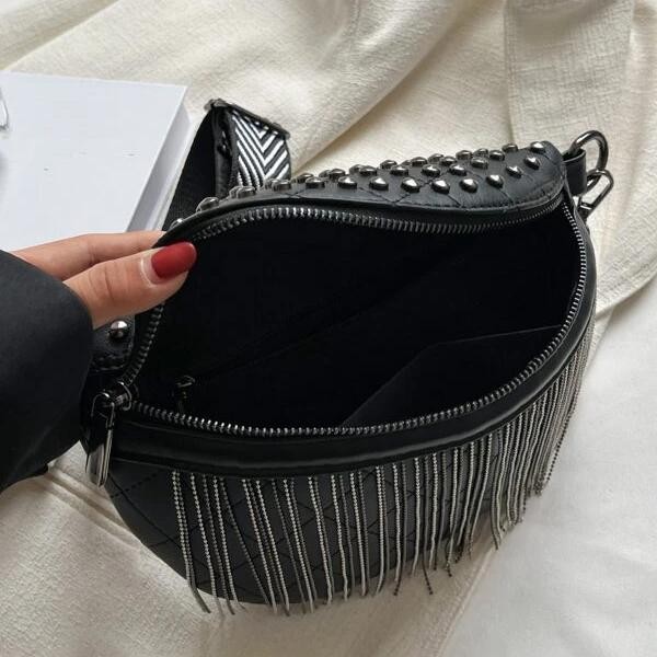Studded Faux Leather Quilt Stitch Cross Body Sling Bag With Ball Chain Tassels and Adjustable Strap - Two Inner Pockets: One Zipper / One Open - Adjustable/Removable Strap - Approximately 9" L x 5.5" T x 3" W - 100% PU view 5