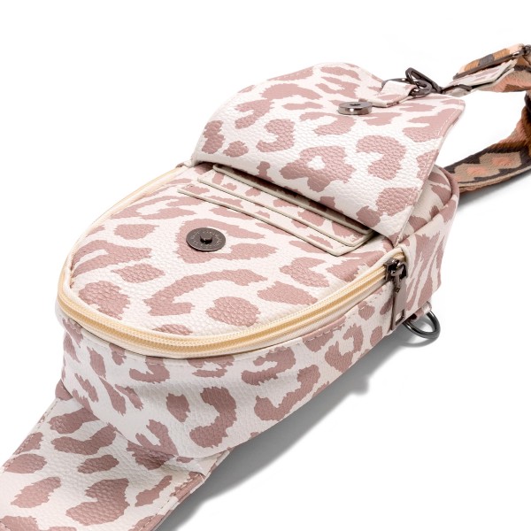 Animal Print Vegan Leather Sling Bag With Detachable Guitar Strap - Main Body Full Zipper Closure - Hidden Front Pocket With 3 Card Slots and Button Closure - Length And Side Adjustable Strap (Approximately 17-48" L X 2" W) - Bag Body Approximately 8" W X 7" T view 5