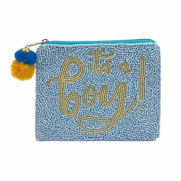 Seed Bead "It's a Boy!" Coin Pouch With Pom Pom Zipper

- Zipper Closure
- Lined Inside
- Approximately 5.5" L x 4.5" T
- 100% Cotton