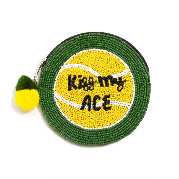 Seed Bead "Kiss My Ace" Tennis Ball Coin Pouch With Pom Pom Zipper

- Zipper Closure
- Lined Inside
- Approximately 5" Diameter
- 100% Cotton