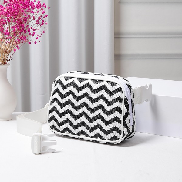 Wholesale zig Zag Straw Sling Belt Bag Leather Trim Adjustable Buckle Cross Body