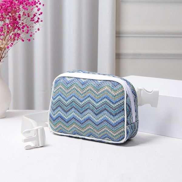 Wholesale zig Zag Straw Sling Belt Bag Leather Trim Adjustable Buckle Cross Body