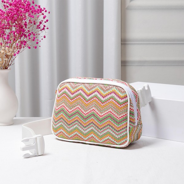 Wholesale zig Zag Straw Sling Belt Bag Leather Trim Adjustable Buckle Cross Body