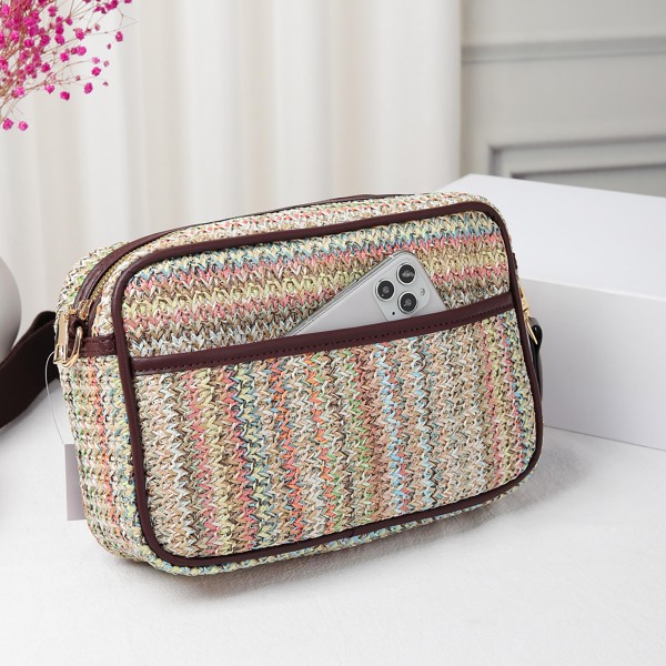 Straw Cross Body Handbag Featuring Leather Trim With Detachable Nylon Strap - Zip Closure - One Outer Pocket - Two Inner Pockets: One Zip - One Open - Approximately 10" L x 6.5" T x 2.5" W - Strap Drop 15" - 24" L view 5