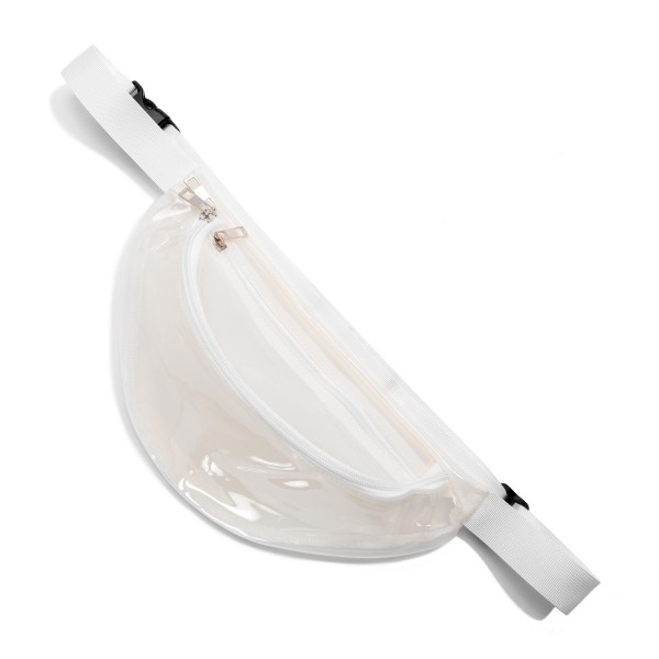 Transparent Waterproof PU Fanny Pack

- Full Zip Closure
- Two Pockets
- Adjustable Canvas Strap Approx. 1.25" W
- Adjustable Approx. 33-48" 
- Body Approx. 12" W X 5.5" T X 4" D (V shape Body) 
