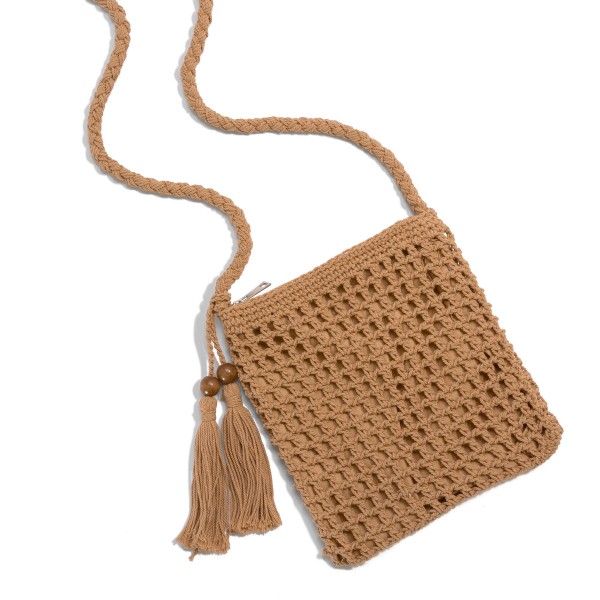 Wholesale crocheted Cross Body Handbag Wood Bead Tassel Accent Full Zip Closure