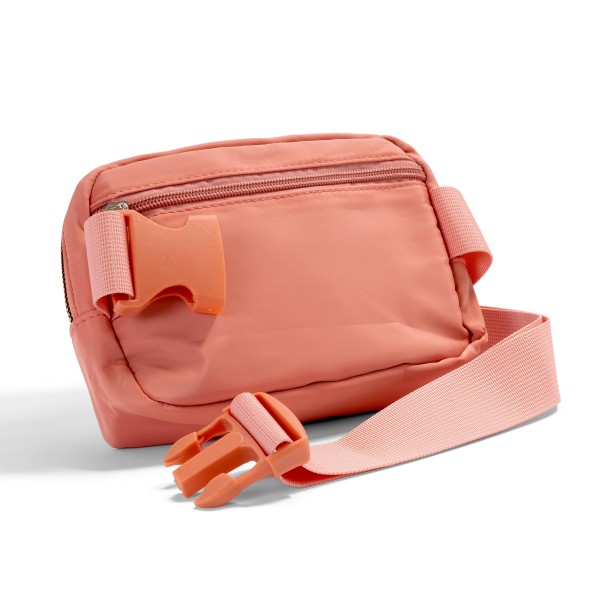 Cross Body Nylon Belt Bag - Full Zipper Closure - One Main Body Pocket With 3 Internal Mesh Pockets - Lined Zipper Pocket On Back Of Bag - Matching Canvas Strap With Buckle - Drop Approximately 14" - 25" - Body 8.5"W X 6"T X 1.5"W view 5
