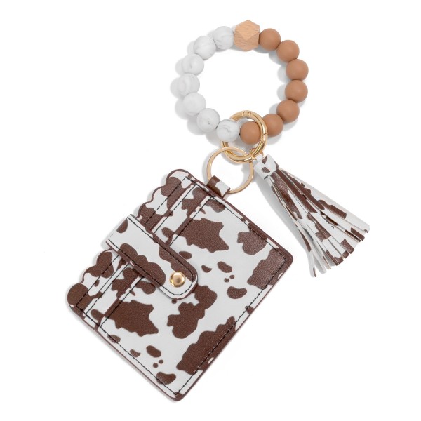 Wholesale cow Print Card Wallet Keyring Bracelet Tassel Scalloped Details Key Ri