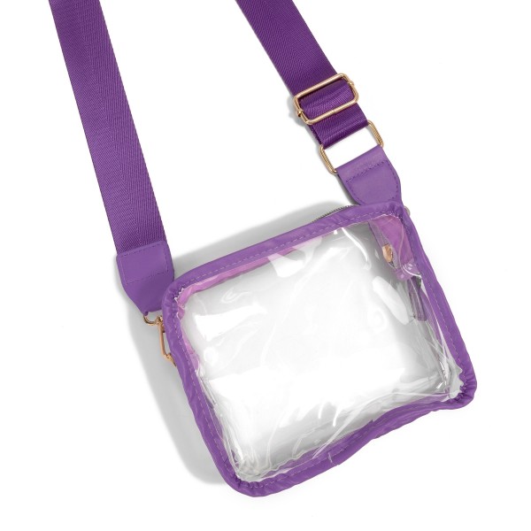 Leather Trimmed Square Clear Crossbody Bag

- Full Zipper Closure
- Removable/Adjustable Straps
- Strap Drop 13-25" L
- Approximately 6.5" W X 5.5" T X 2.5" D
- Material: PU