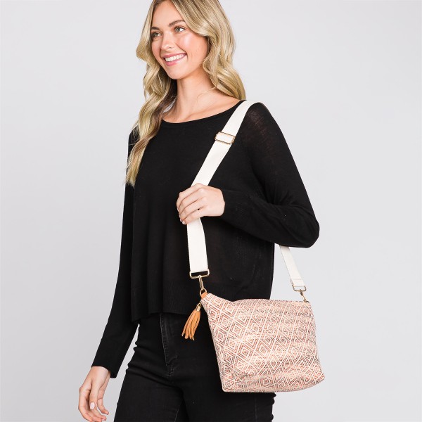 Knit Diamond Western Cross Body Bag With Tassel Zipper 

- Full Zipper Closure
- Removable / Adjustable Strap
- Lined Body With One Open Internal Pocket
- Body Approximately 11.5" W X 8"T X 3" D 
- Strap Drop Adjustable 14-26" L 
- 100% Polyester 
