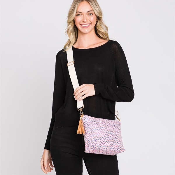 Knit Diamond Western Cross Body Bag With Tassel Zipper 

- Full Zipper Closure
- Removable / Adjustable Strap
- Lined Body With One Open Internal Pocket
- Body Approximately 11.5" W X 8"T X 3" D 
- Strap Drop Adjustable 14-26" L 
- 100% Polyester 
