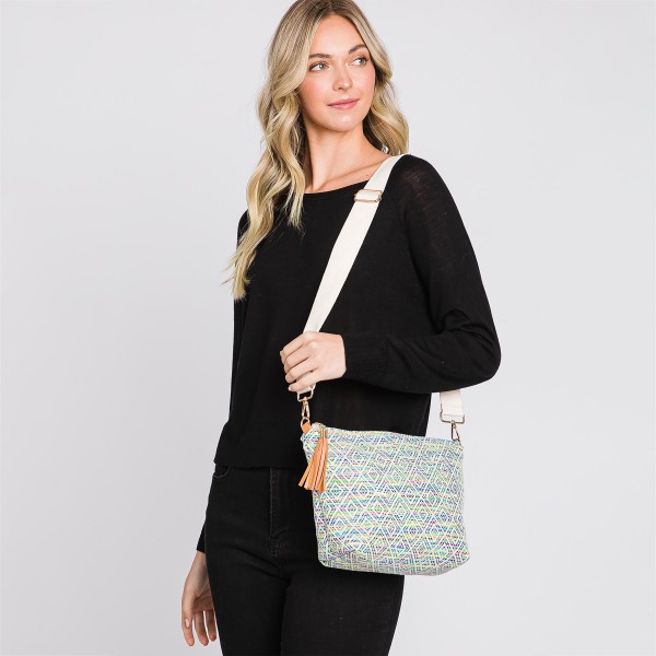 Knit Diamond Western Cross Body Bag With Tassel Zipper 

- Full Zipper Closure
- Removable / Adjustable Strap
- Lined Body With One Open Internal Pocket
- Body Approximately 11.5" W X 8"T X 3" D 
- Strap Drop Adjustable 14-26" L 
- 100% Polyester 
