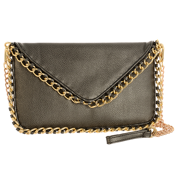 Beautiful slate gray faux leather  clutch measures approximately 11" x 1" x 7" featuring a gold tone chain link decor with a zipped top and envelope style fold over cover.