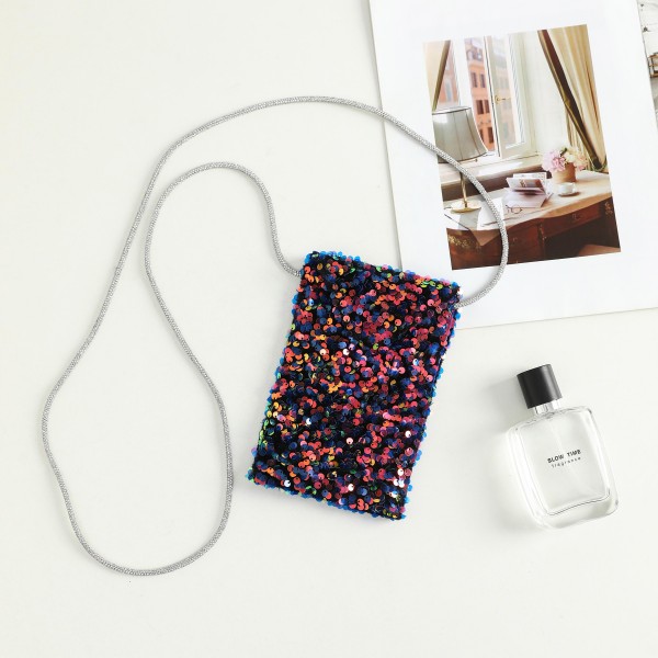 Wholesale sequin Cross Body Pouch Iridescent Liner Rhinestone Studded Fixed Stra