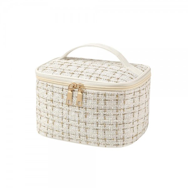 Tweed Makeup Travel Case With Top Handle

- Full Zip Closure
- Inside Zip Compartment
- Approximately 11" W X 4.5" T X 5" D