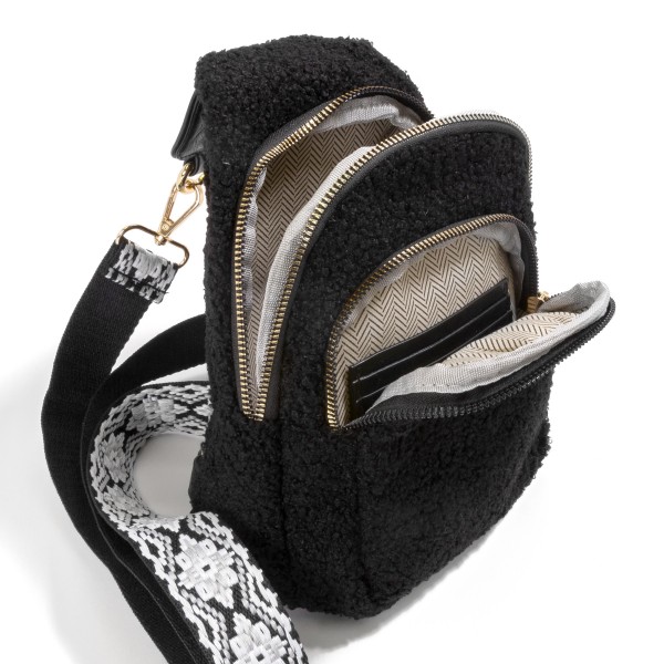 Sherpa Crossbody Sling Bag With Guitar Strap - Full Zipper Closure - Chevron Print Inner Liner - One Front / One Main Body Pocket - Side Adjustable Guitar Strap - Body Approximately 6" W X 9"T X 2.5" D - Straps Adjustable 25-48" L view 5