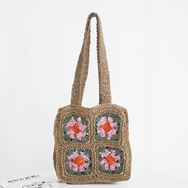 Straw Woven Granny Square Tote Bag 

- Open/Unlined Body
- Approximately 10"W X 11"T X 3"D
- Strap 11.5"L