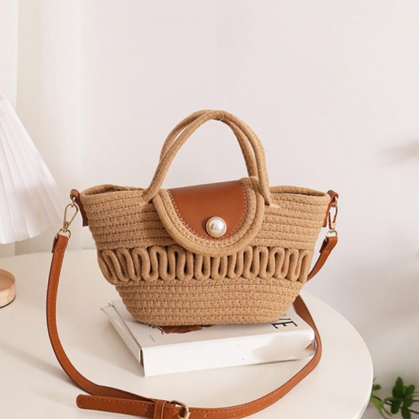 Wholesale woven Rattan Handbag Leather Accent Details Magnetic Button Flap Closu