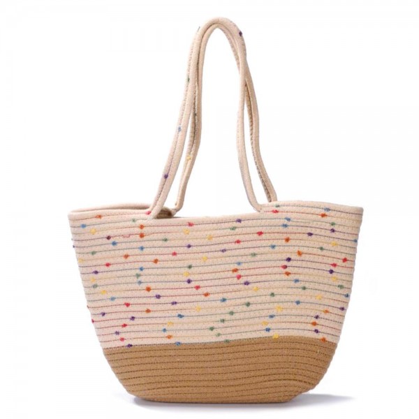 Braided Straw Rope Tote Bag With Stitched Pom Accents

- Open Body
- Approximately 10" W X 8" T X 4" D
- Strap Drop 9" L