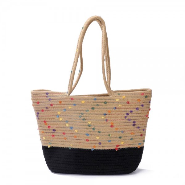 Braided Straw Rope Tote Bag With Stitched Pom Accents

- Open Body
- Approximately 10" W X 8" T X 4" D
- Strap Drop 9" L