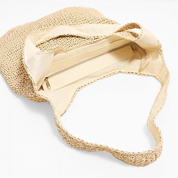 Woven Raffia Tote Bag - Lined Body - Full Zipper Closure - Open Internal Pocket - Approximately 12"T X 14" W - Strap Drop 12" L view 5
