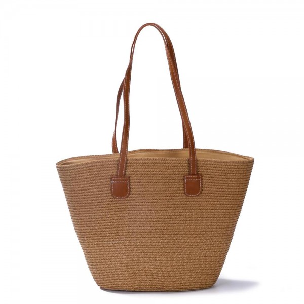 Wholesale woven Straw Tote Bag Faux Leather Handles Lined Body Full Zipper Closu