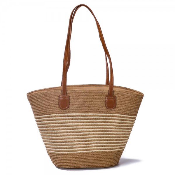 Wholesale woven Straw Tote Bag Faux Leather Handles Lined Body Full Zipper Closu