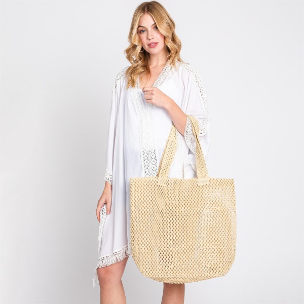 Solid Color Crochet Straw Bag - Unlined Body - Approximately 19.5"W X 15.5"T X 5"D - 100% Straw view 5
