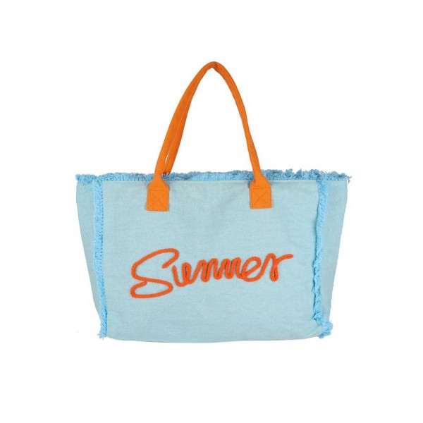 Sewn Rope 'Summer' Letter Fringed Canvas Tote Bag
- Full Zipper Closure
- Lined Body with Open Pocket
- Approximately 17.5" W X 14"T X 5" D
- 100% Polyester