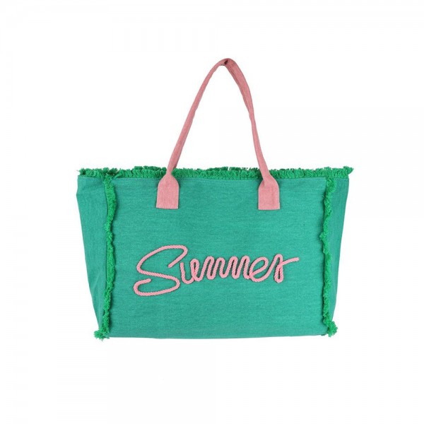 Sewn Rope 'Summer' Letter Fringed Canvas Tote Bag
- Full Zipper Closure
- Lined Body with Open Pocket
- Approximately 17.5" W X 14"T X 5" D
- 100% Polyester