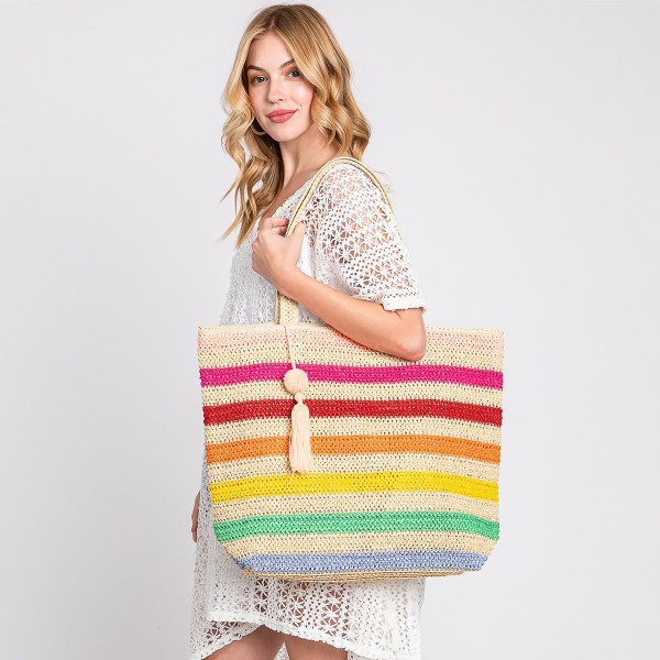 Pom Pom Tassel Striped Straw Crochet Tote Bag

- Full Zipper Closure
- Lined Body With Open Pocket
- Approximately 20"W X 15"T X 5.5"D
- 100% Paper