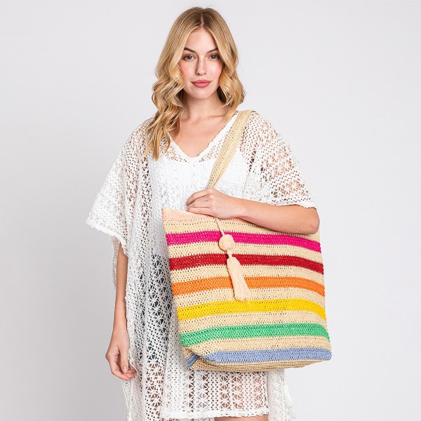 Striped Straw Crochet Tote Bag With Pom Pom Tassel 
- Full Zipper Closure
- Lined Body With Open Pocket
- Approximately 20"L X 15"T X 5.5"D
- 100% Paper