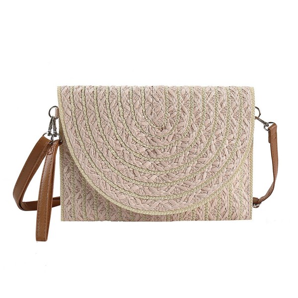 Stripped Two Tone Straw Clutch Crossbody Bag 

- Magnetic Closure
- Removable Wristlet & Cross Body Straps
- Body Approximately 11"W X 8.5" T 
- Strap Drop 14-26" L