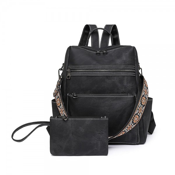 Wholesale acid Washed PU Leather Backpack Guitar Strap Matching Wristlet Full Zi