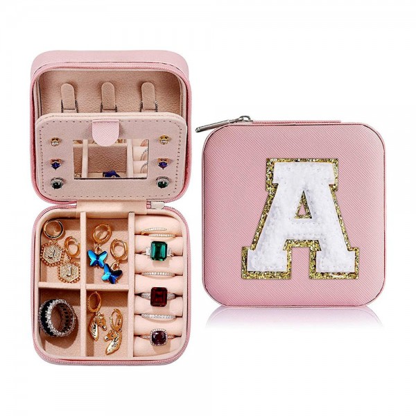 Initial Letter Chenille Patch Travel Jewelry Box - Full Zipper Closure - Mirror Included - Removable Divider Organizer - Rigid Walls Protect Jewelry From Crushing - 6 Ring Slots, 6 Earring Holes, 3 Necklace Hooks - Approximately 3.75"W X 3.75"T X 2"D view 5
