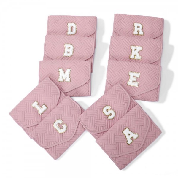 Quilted Foldable Jewelry Organizer Featuring Chenille Initial Glitter Patch - Snap Closure - Inside Elastic Open Pocket - 2 Inside Zip Pockets - 2 Ring Holders - 4 Snap Necklace Holders - Earring Organizer - Approximately 8.5"W X 5.75"T view 5