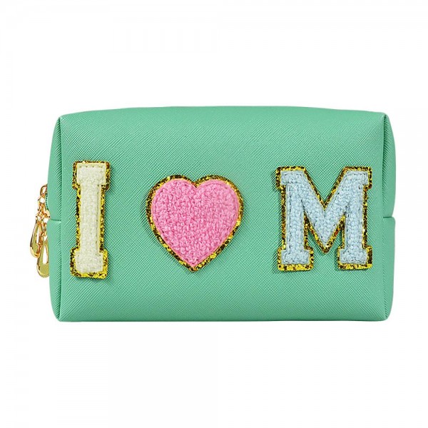 Wholesale i Heart Mom Chenille Patch Pouch Full Zipper Closure Waterproof Liner