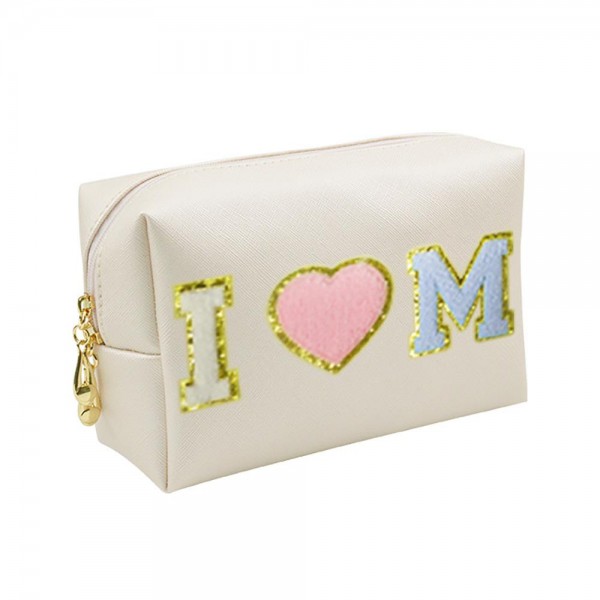 'I Heart Mom' Chenille Patch Pouch

- Full Zipper Closure
- Waterproof Liner 
- Approximately 6.5"W X 4.5"T X 2"D
