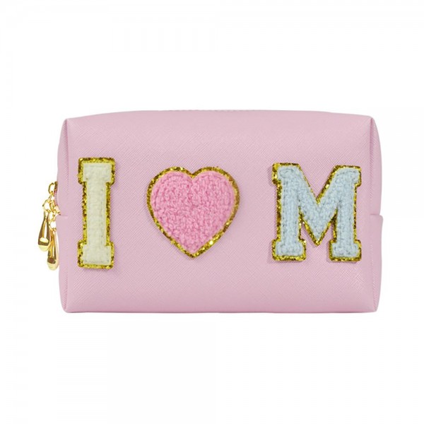 'I Heart Mom' Chenille Patch Pouch

- Full Zipper Closure
- Waterproof Liner 
- Approximately 6.5"W X 4.5"T X 2"D
