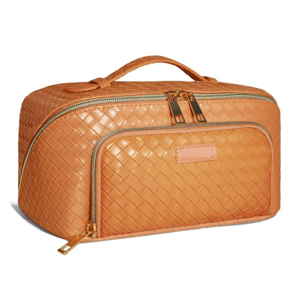 Wholesale vegan Leather Woven Travel Makeup Bag Full Zip Closure Front Zip Pocke