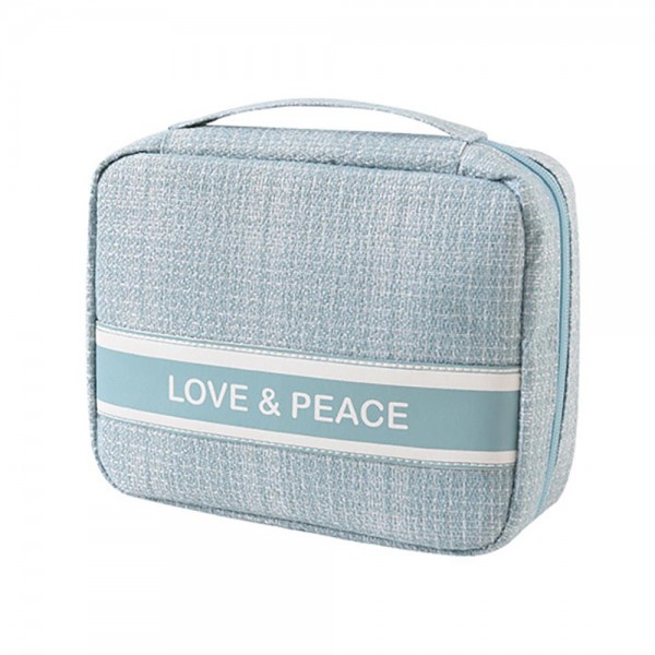 'LOVE & PEACE' Woven Make Up Bag With Handle 

- Full Zipper Closer
- Lined Body
- Internal Mesh Zipper Pocket 
- Approximately 8.5" W X 6.5" H X 2.5" D
- 100% Polyester