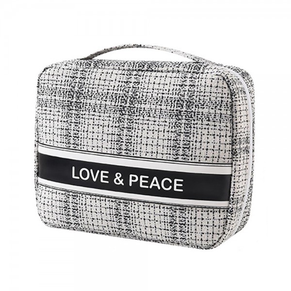 Wholesale lOVE PEACE Woven Makeup Bag Handle Full Zipper Closer Lined Body Inte