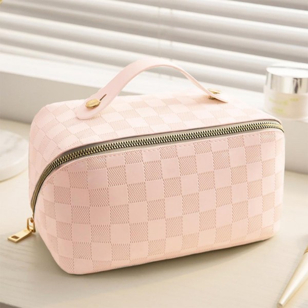 Wholesale checker Vegan Leather Travel Makeup Bag Full Zipper Closure Internal S