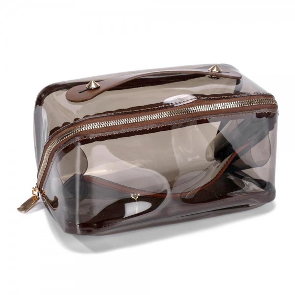 Frosted Plastic Travel Makeup Bag

- Full Zipper Closure
- One Internal Makeup Brush Pocket
- Center Lays Flat When Bag Is Opened
- Approximately 8.5” W X 5” T X 7” D
- Internal Zipper Pocket Approx. 8” W X 4” T