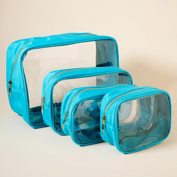 Wholesale set Four Clear Travel Makeup Pouches Nylon Walls Zip Closures Small Po