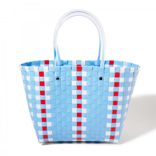 Checkered Handwoven Tote Basket Bag 

- Approximately 9" W X 9" T X 6" D
- Handle 5" L
- 100% PVC