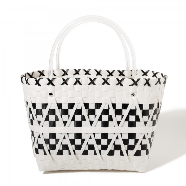 Zig Zag Woven Tote Basket Bag 

- Approximately 10" W X 9" T X 6" D
- Handle 5" L
- 100% PVC