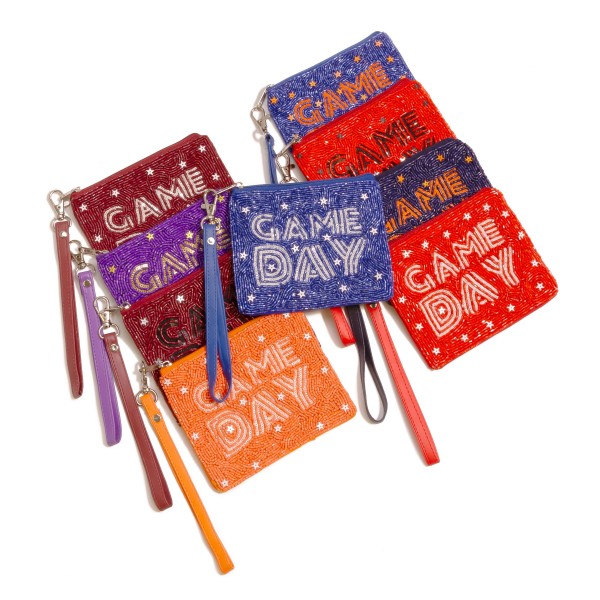 Seed Bead & Sequin "GAME DAY" Wristlet
- Lined Interior
- Full Zipper Closure
- Approximately 5.5" L X 4.5" T
- Removable Wristlet Strap
